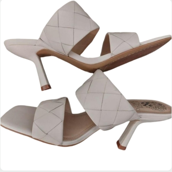Vince Camuto Woven Leather Heeled Mules | White Wedding Special Occasion Sandals - Picture 6 of 9